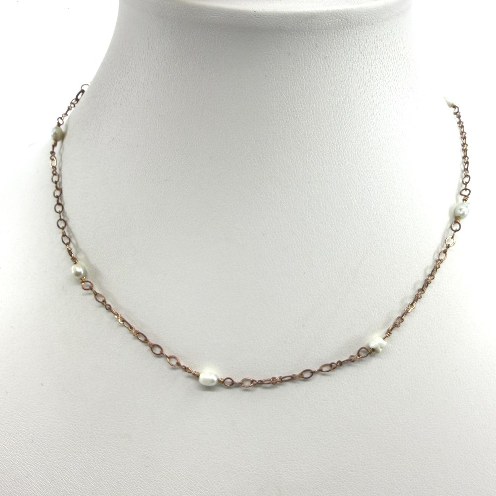 Y2K Delicate Faux Pearl Station Necklace Copper Tone Chain Minimalist Boho Chic